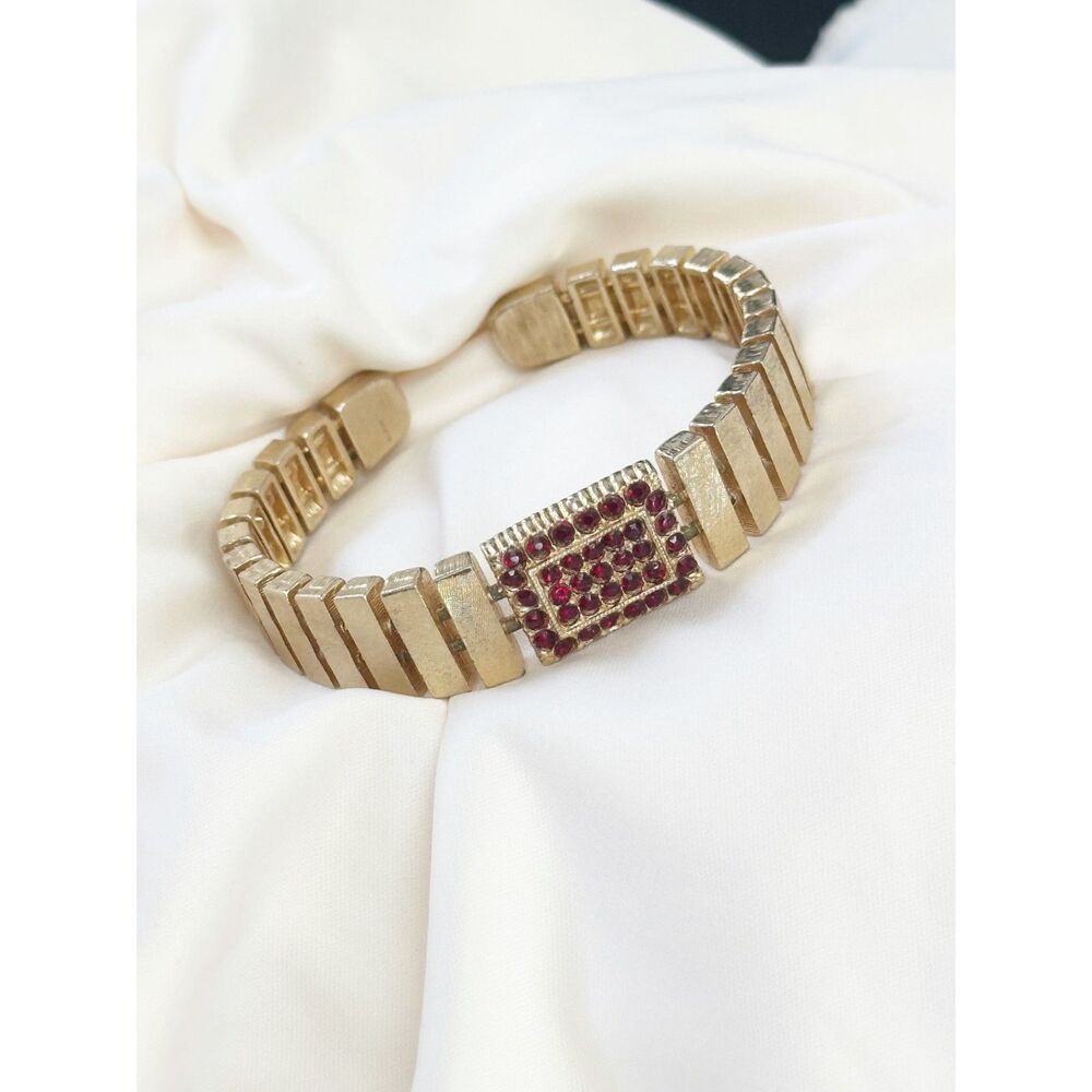 Vintage Gold Tone Cuff Bracelet with Red Rhinestones